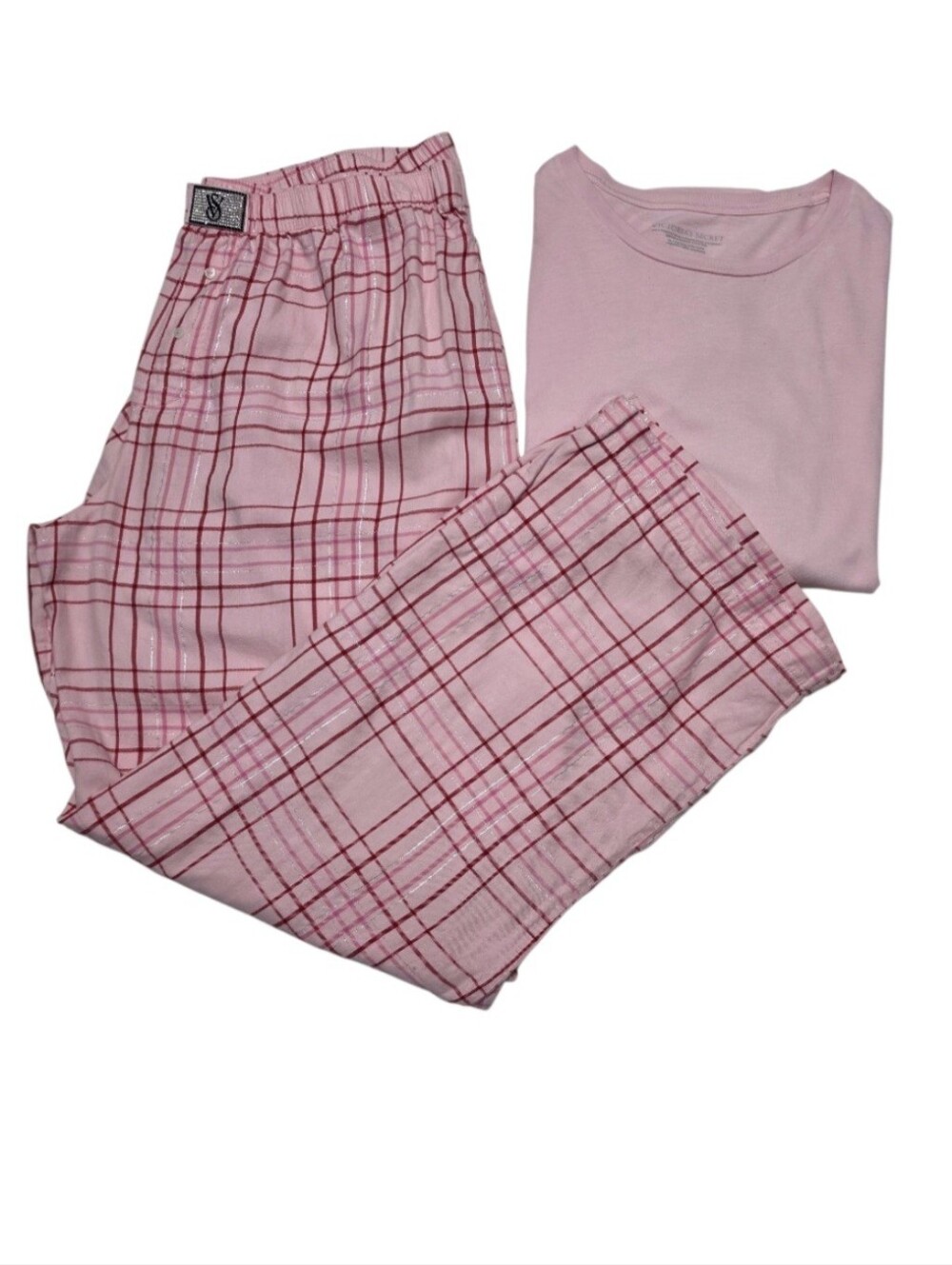 Victoria's Secret Flannel Short-Sleeve Long Tee-Jama Set Plaid Pink XL
